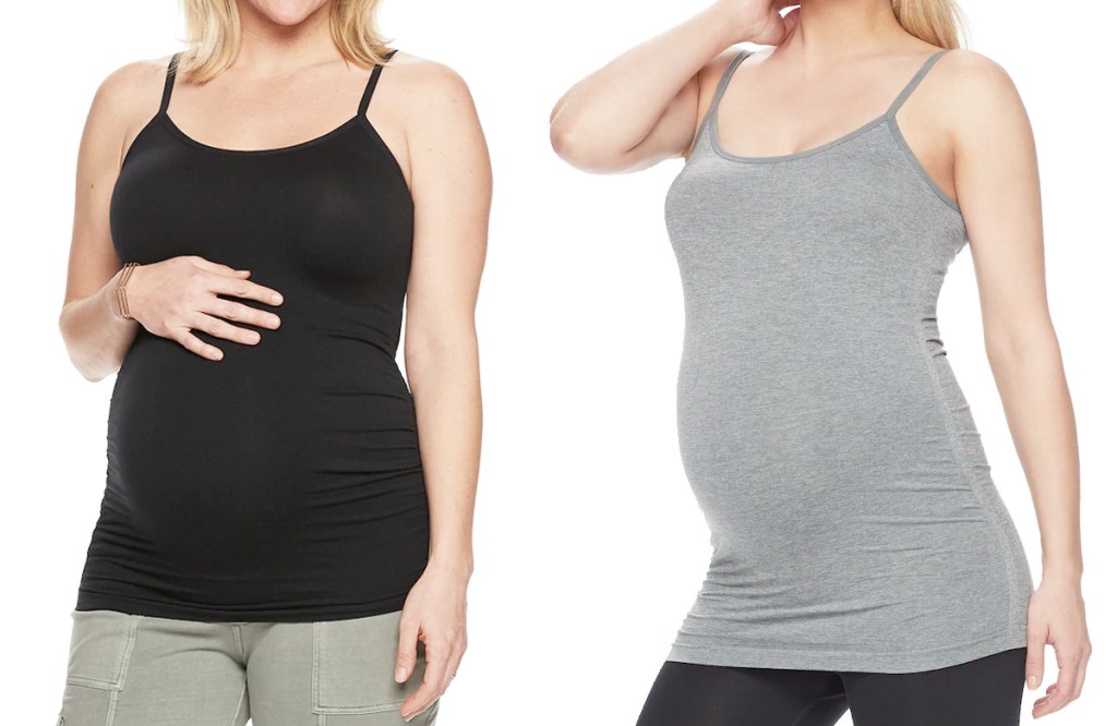 two women modeling cami tanks in black and grey colors