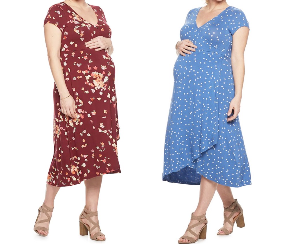 two women modeling maternity wrap dresses in red floral and blue and white polka dot prints