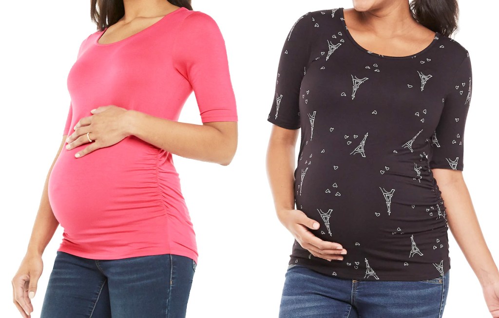 two women modeling scoop neck maternity tees in pink and black with Eiffel tower print