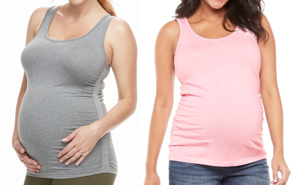 two women modeling maternity tank tops in grey and pink colors