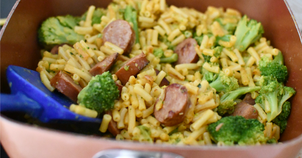 broccoli and sausage mac and cheese in a pot