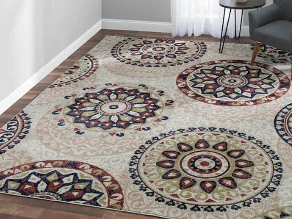 area rug with circle design in living room