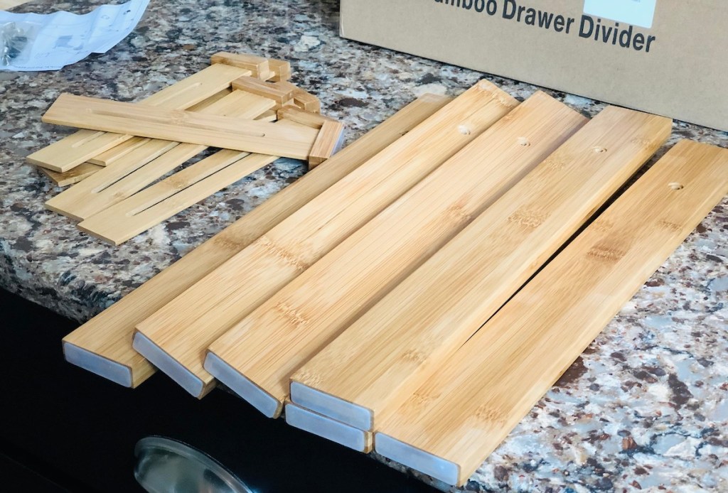 pile of bamboo wood pieces on granite countertop