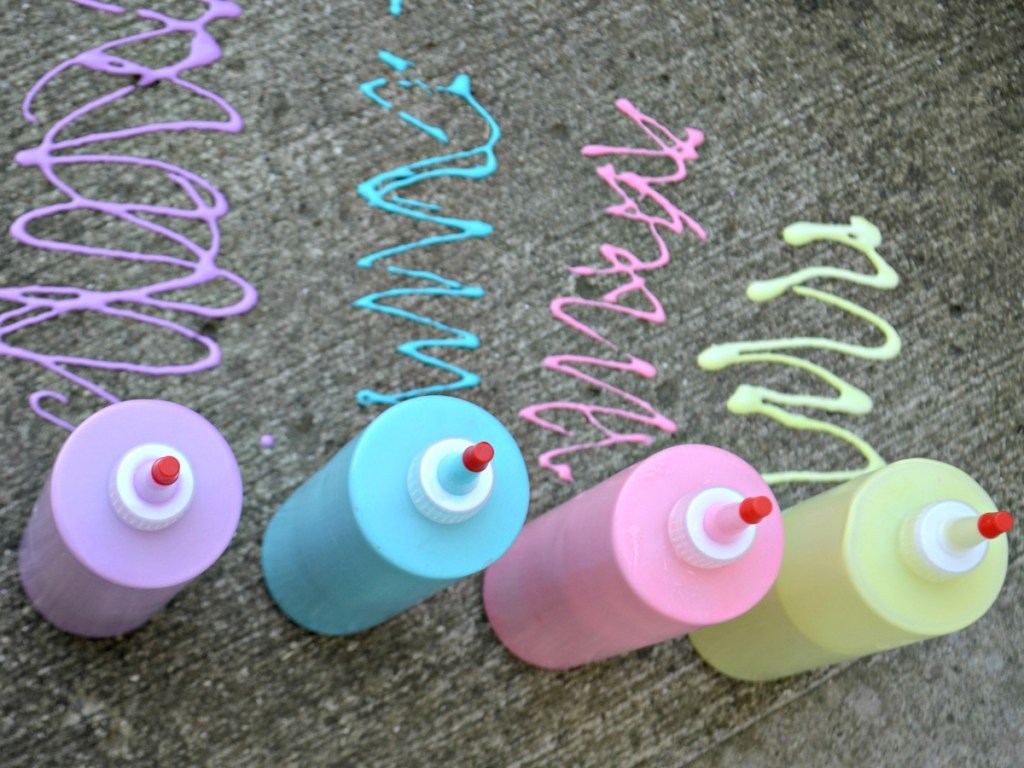 4 squeeze bottles of homemade puffy sidewalk paint
