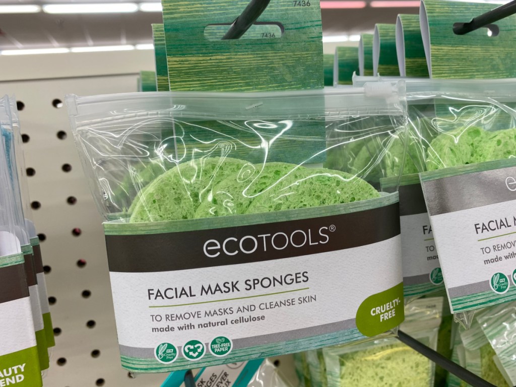 pack of facial sponges hanging on shelf in store