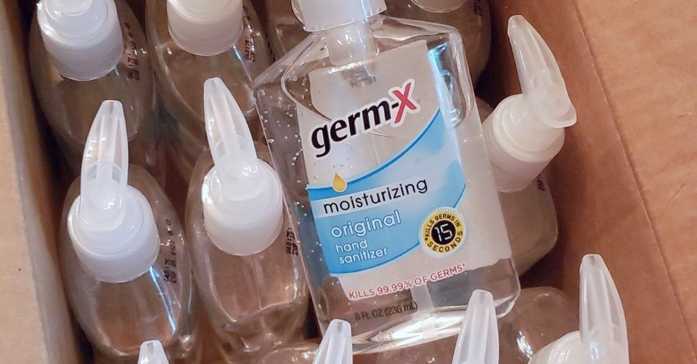 bottles of Germ-X hand sanitizer pump bottles