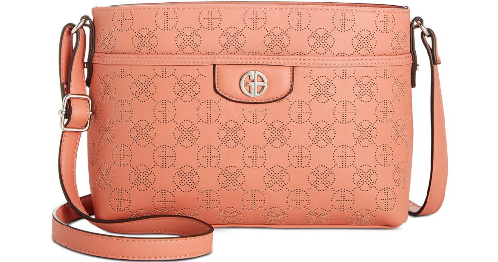 coral handbag with GB logo on front