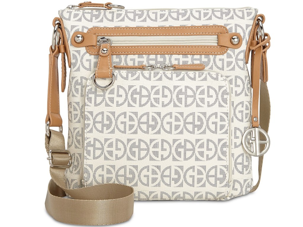 beige and tan patterned crossbody bag