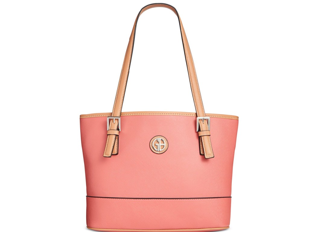 coral and tan handbag