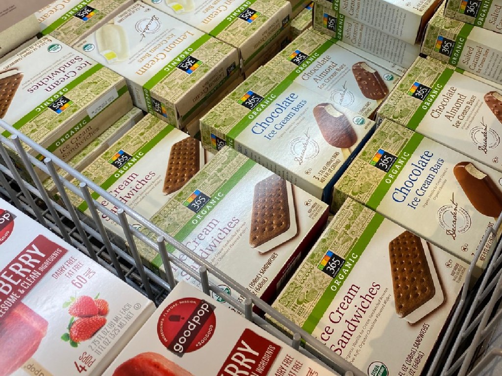 store freezer with boxes of ice cream sandwiches