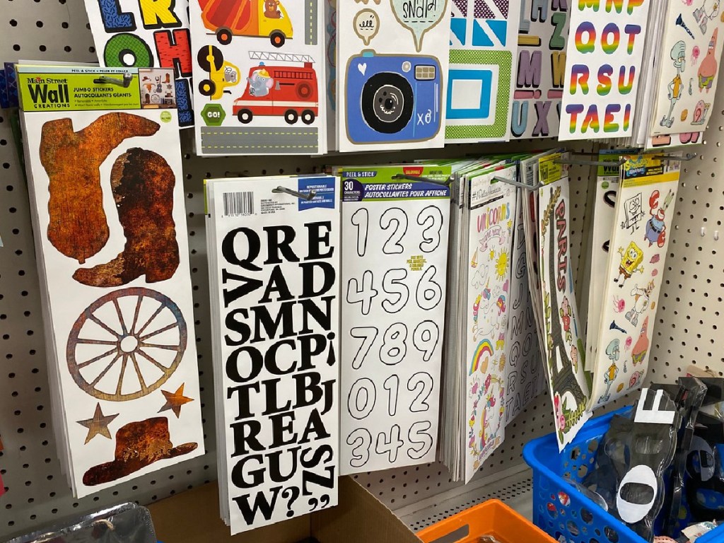 stickers hanging on shelf in store
