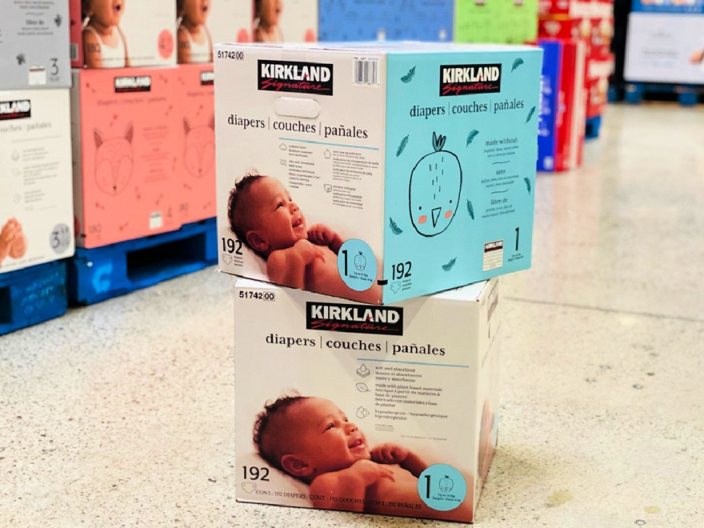 kirkland 192 count diapers boxes on floor