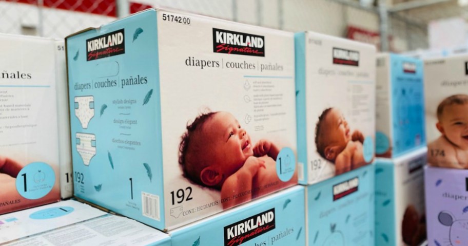 boxes of Kirkland diapers on display at Costco, one of our favorite cheap diapers