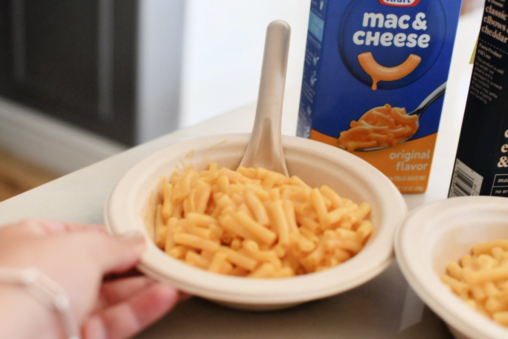 kraft mac and cheese in a biodegradable bowl