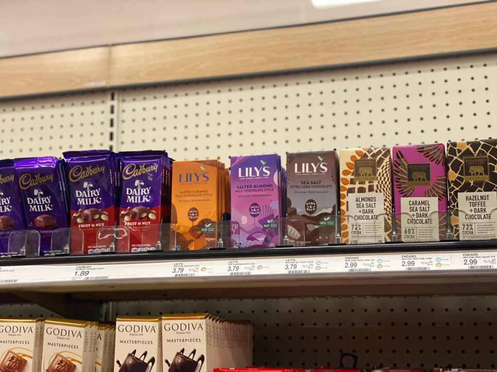 lily chocolate bars on shelf