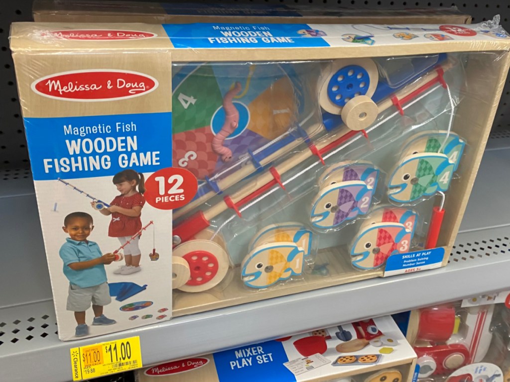 store shelf with package of kids toy fishing set