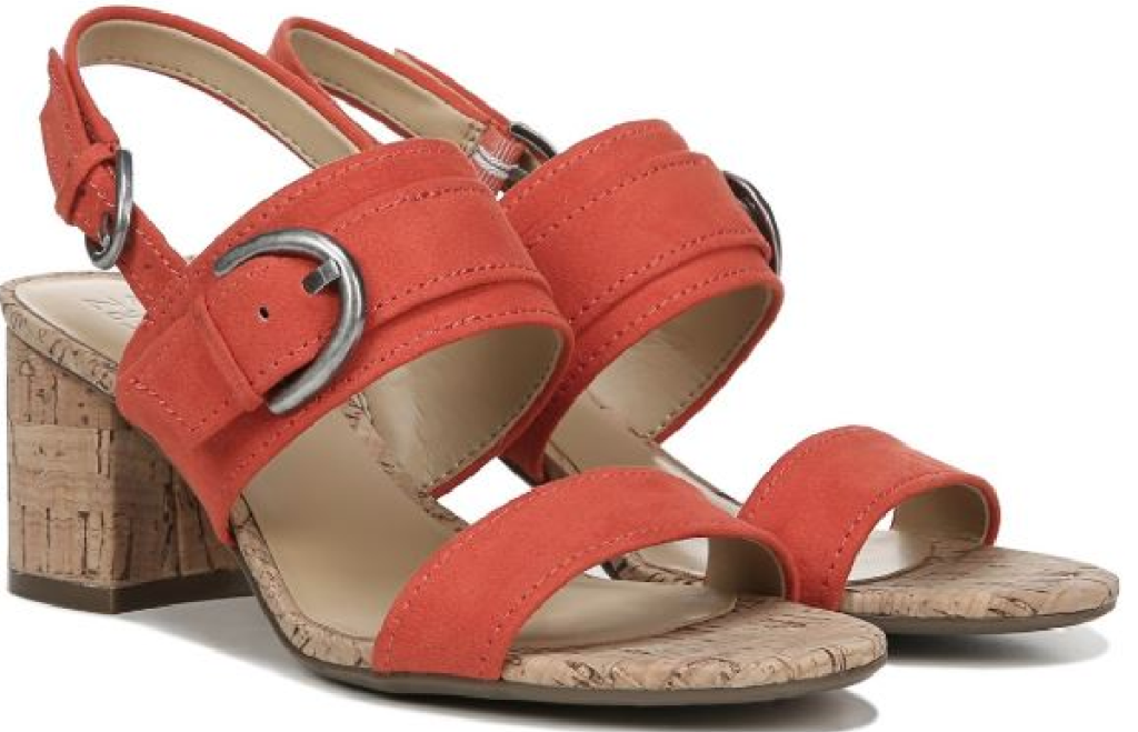 pair of chili colored women's sandals on a white background
