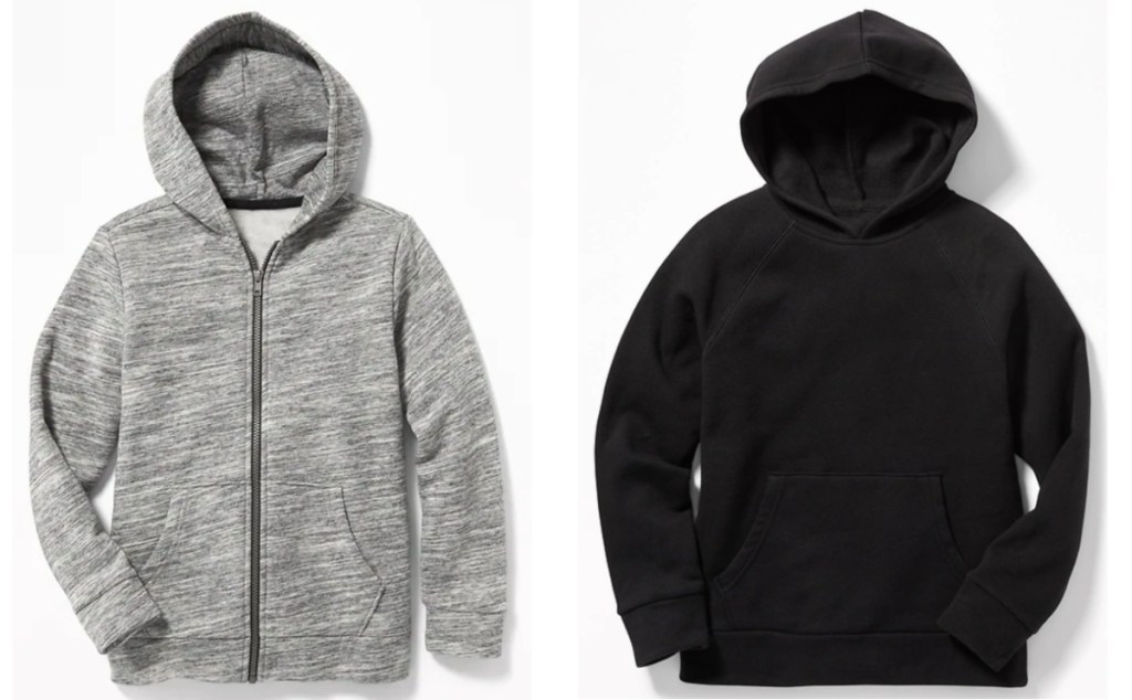 gray and black fleece hoodies