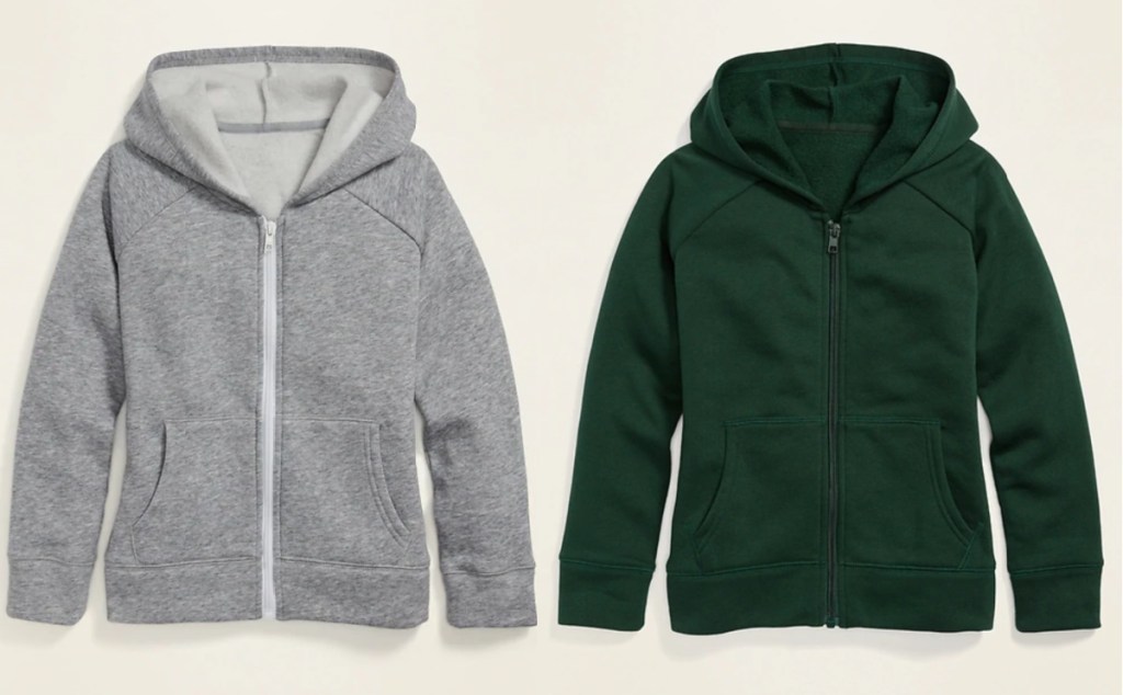 gray and green fleece hoodies