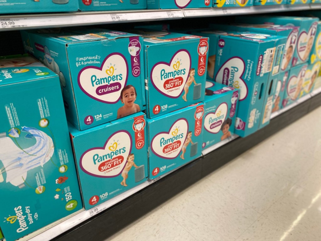 boxes of diapers on store shelf