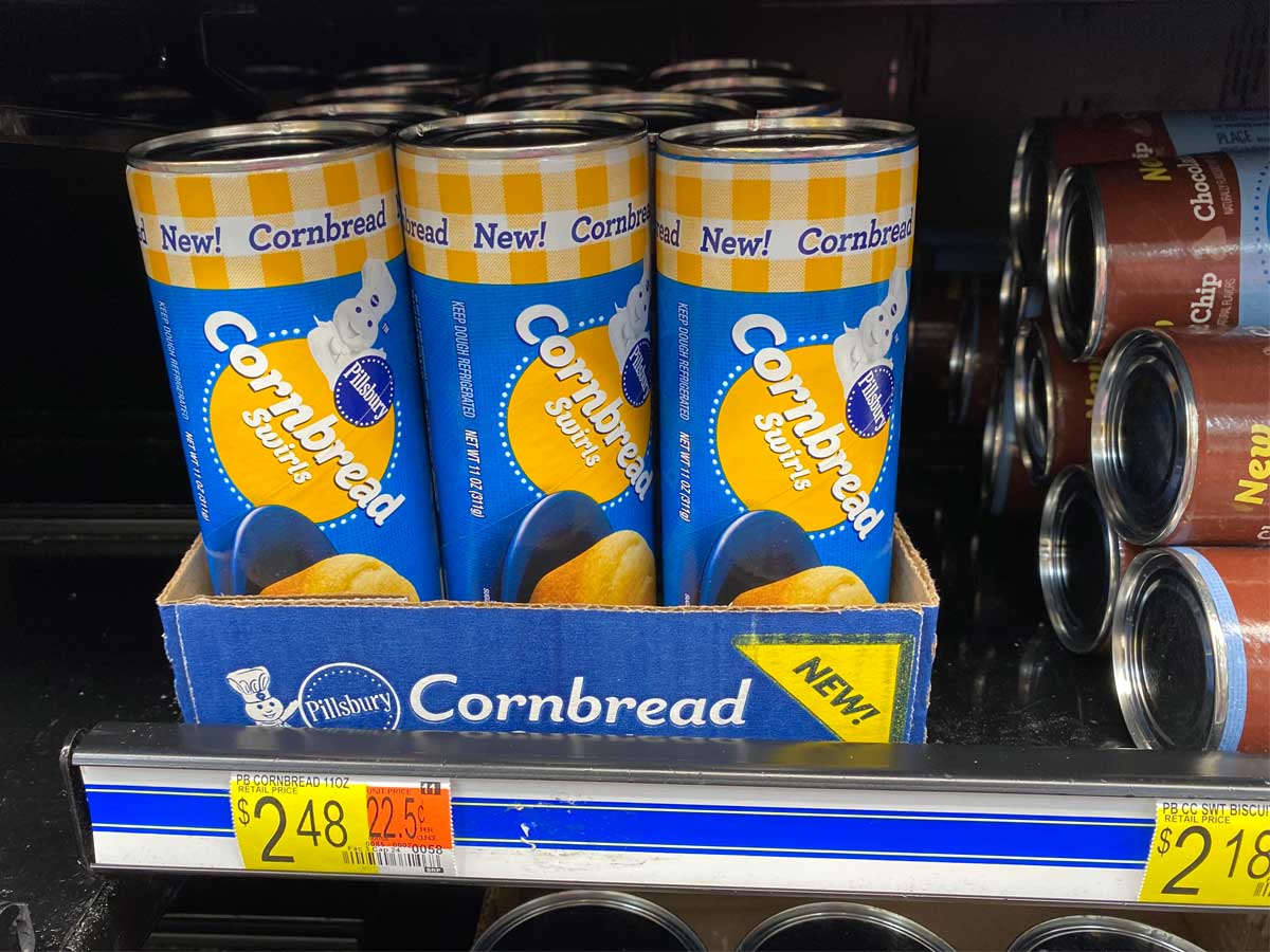 cornbread swirls on a shelf in store