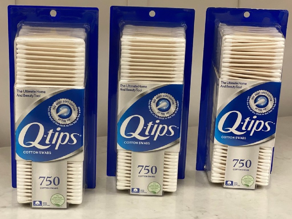 3 packages of qtips on store shelf
