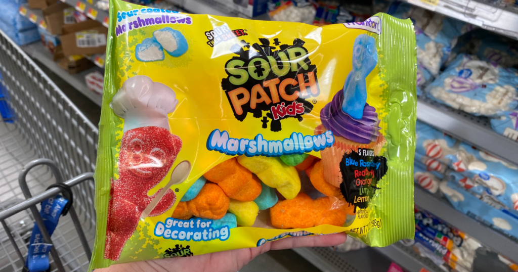 bag of flavored marshmallows in front of store display