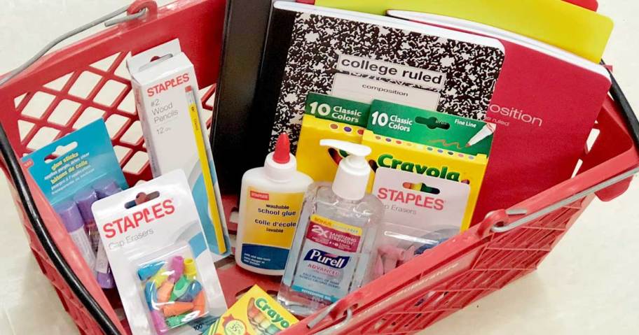 staples basket full of school supplies