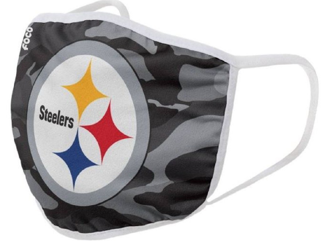 face mask with the logo for Pittsburg Steelers on it