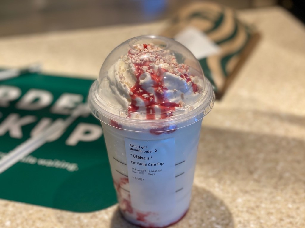 frappucino topped with red drizzle