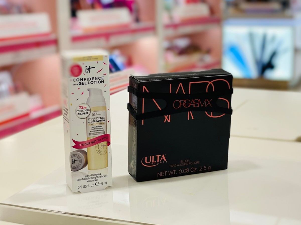 2 cosmetic products on counter at Ulta Beauty