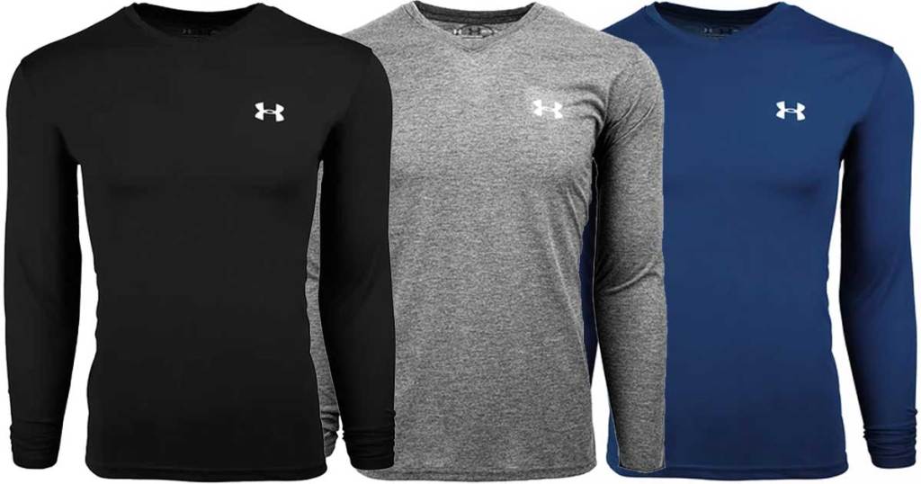 three men's long sleeve athletic shirts in black gray and blue