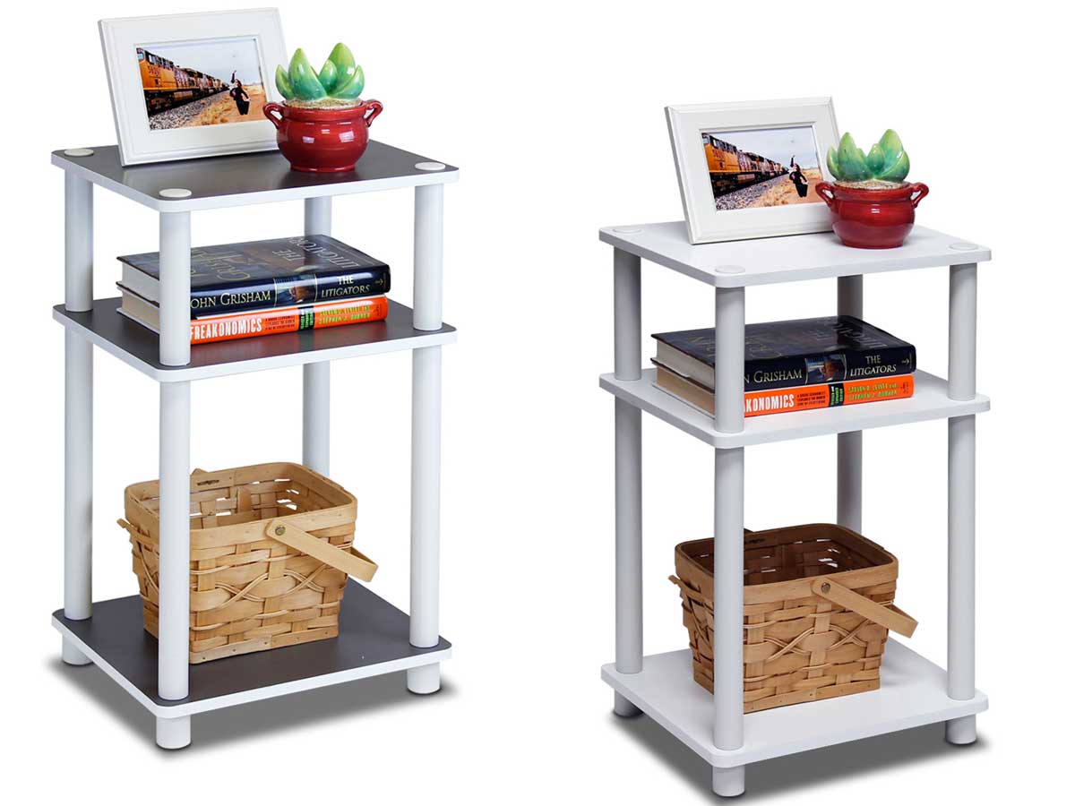 two side tables with decor on them