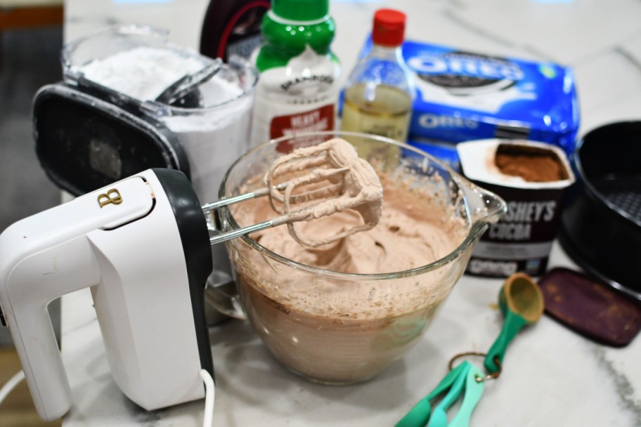 whipping up an ice box cake with cream cheese and chocolate