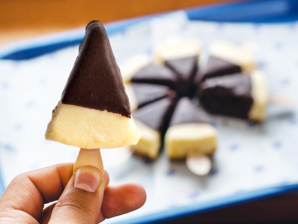 holding a cheesecake slice on a stick