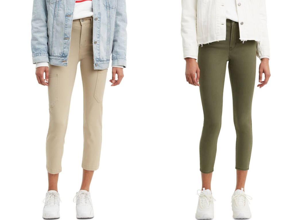 women wearing tan and green khaki ankle jeans
