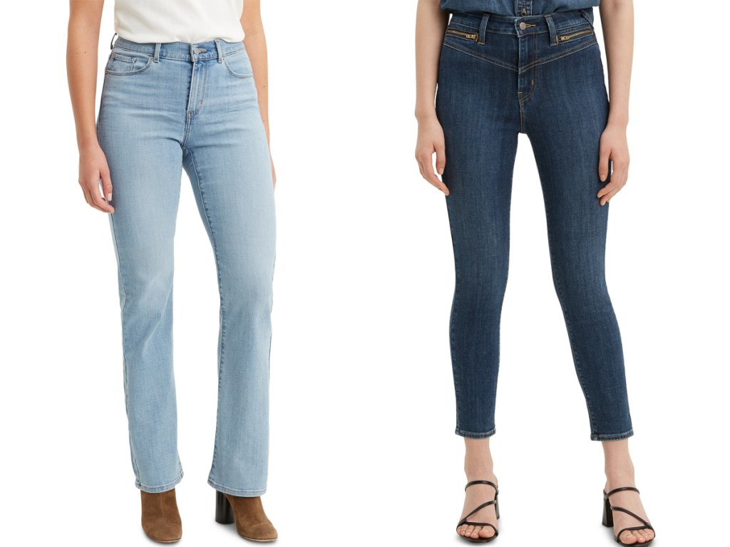 women wearing light denim jeans and dark denim ankle jeans