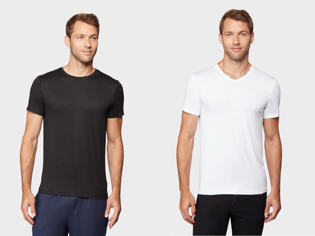 two men wearing black and white Men's Cool Classic Crew or V-Neck T-Shirts