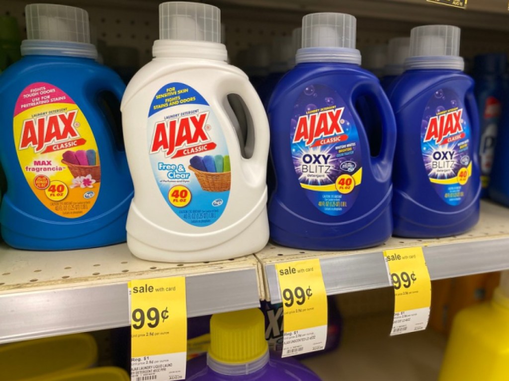 bottles of detergent on store shelf