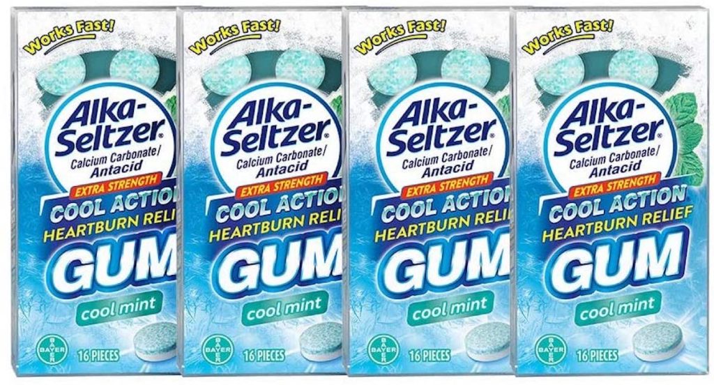 four packs of Alka Seltzer Hearburn Relief Gum