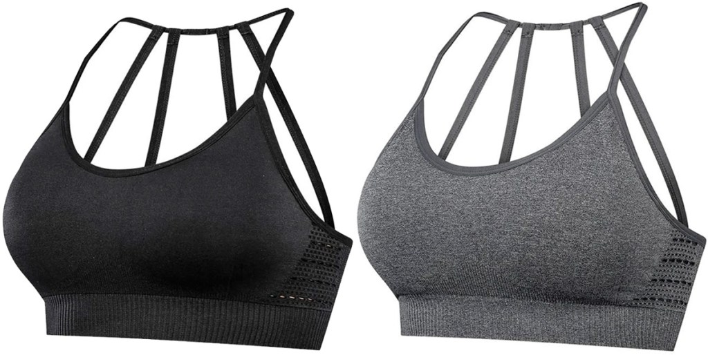 two womens sports bras with four straps down the backs in black and grey colors