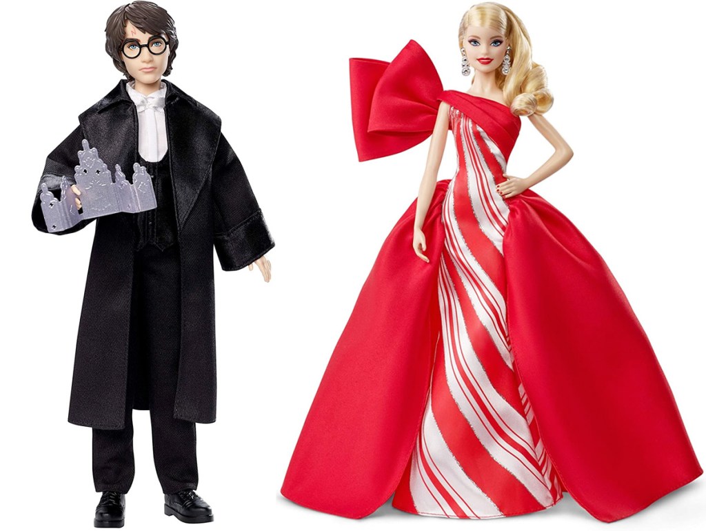 Harry Potter doll and 2019 holiday Barbie in red and white striped dress