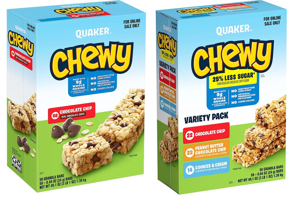 two 58-count boxes of quaker chewy granola bars in chocolate chip and variety pack