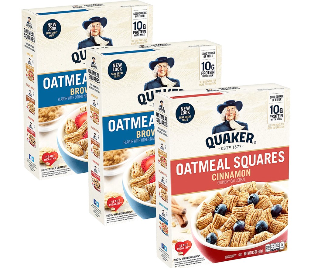 three boxes of quaker oatmeal squares cereal in brown sugar and cinnamon flavors