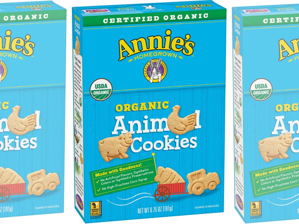 three boxes of Annies Organic Animal Cookies