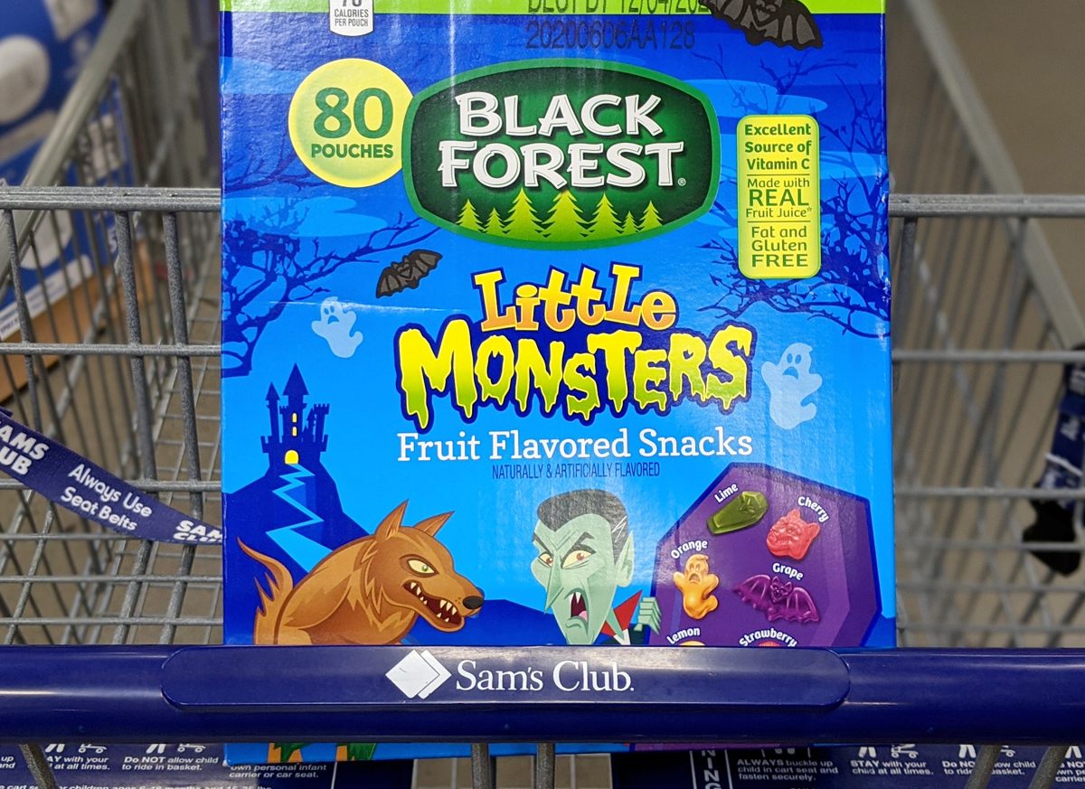 shopping cart with blue box of black forest fruit snacks in halloween monster shapes