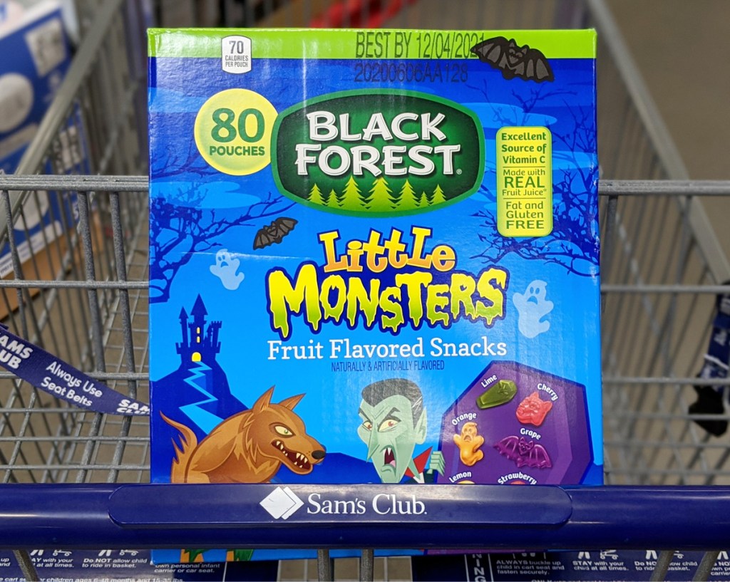 shopping cart with blue box of black forest fruit snacks in halloween monster shapes