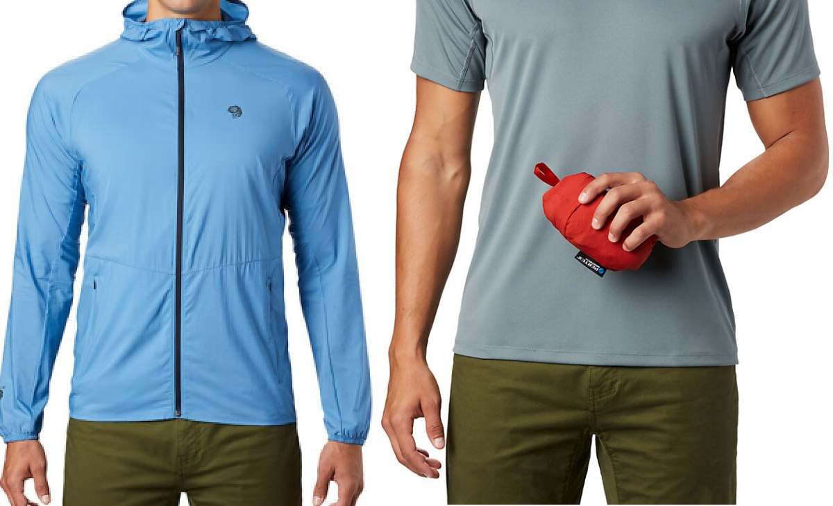 mountain hardwear mens jackets blue and red folded into pocket