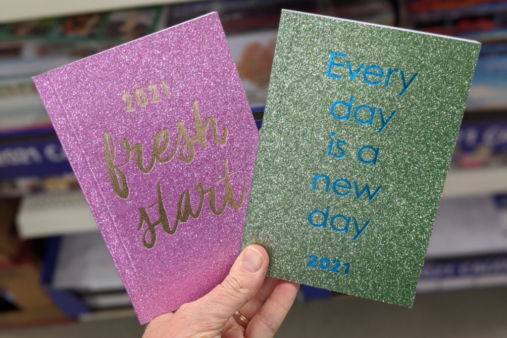 glitter planners at dollar tree two in hand