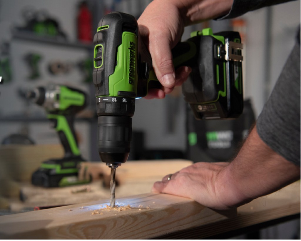 greenworks brushless drill in use